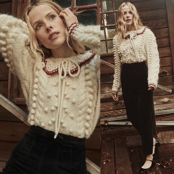 DOEN Rare Valentina Alpaca Peter Pan Collar Pom Pom Pullover Sweater Size XL - Picture 16 of 16